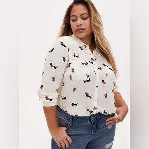 NWT Torrid Madison Georgette Button-Up Long Sleeve Shirt Ivory Dachshund size 3X